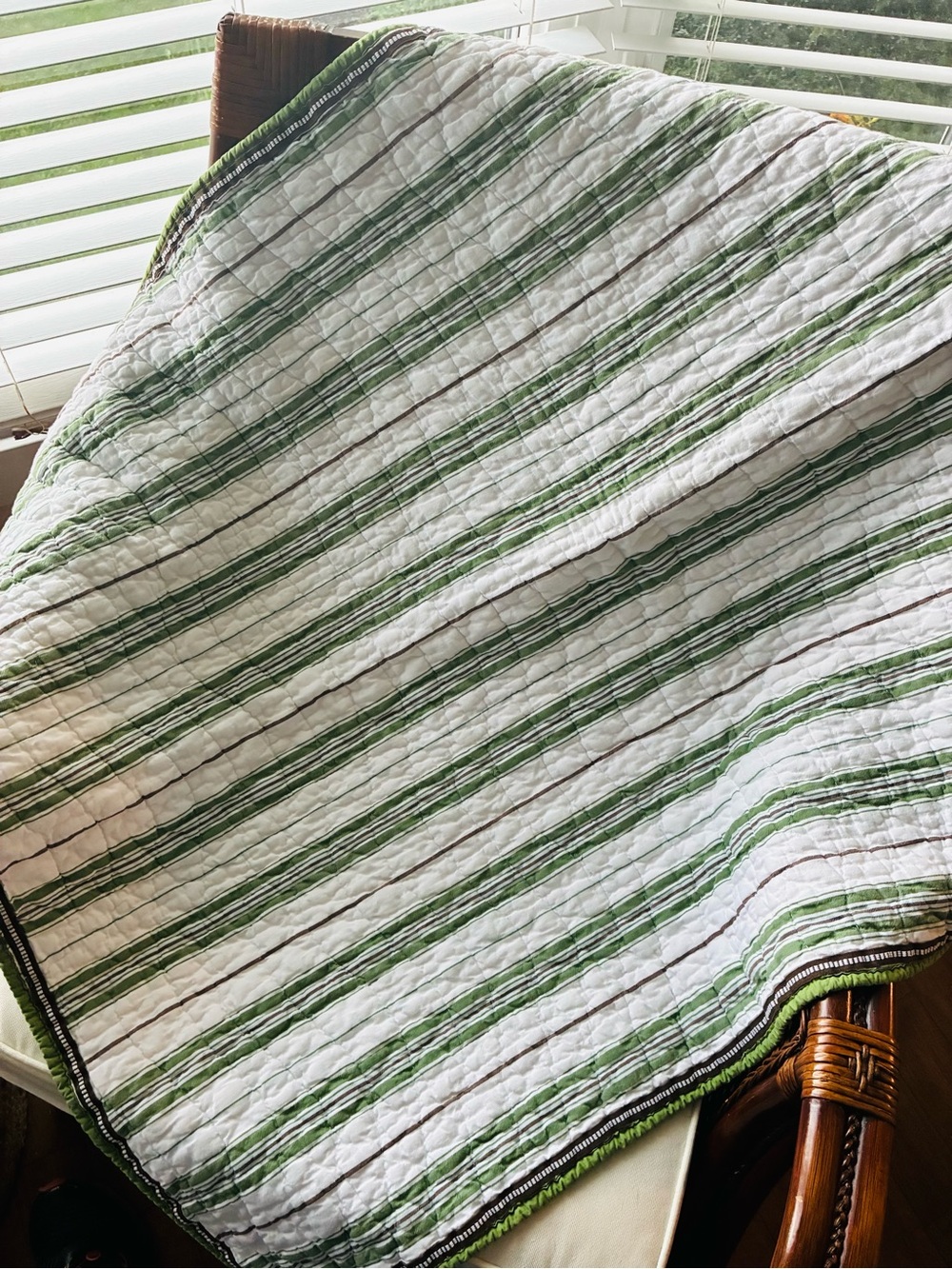 Pottery Barn Kids Green & White Striped Quilted Throw Blanket